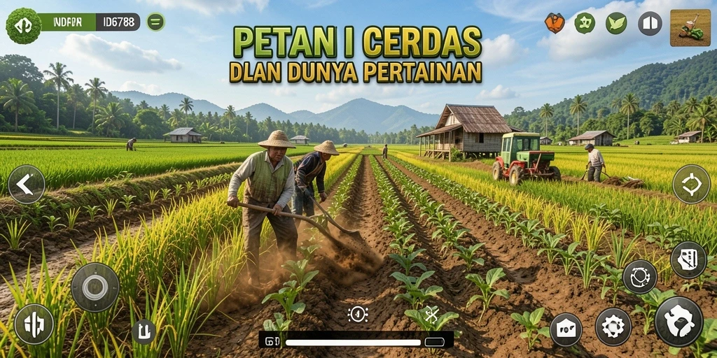 Screenshot gameplay ID6788 menunjukkan petani merawat tanaman di ladang yang subur.