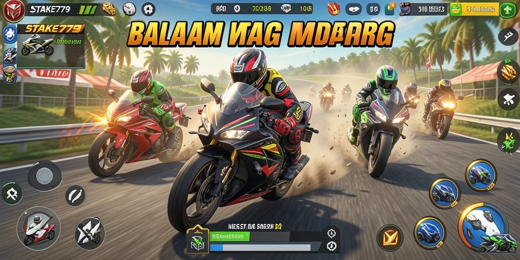 Tampilan gameplay STAKE779 yang mendebarkan dan penuh akselerasi balapan motor.
